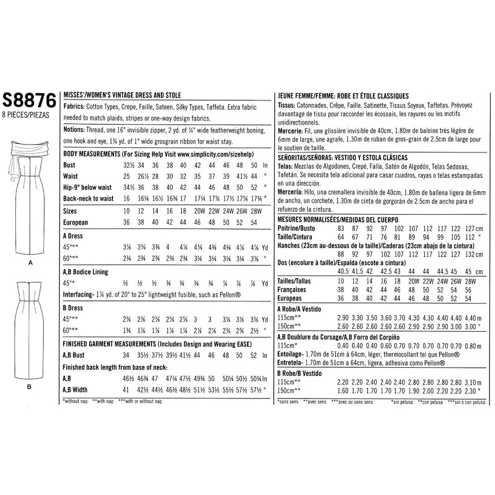 Sewing Pattern S8876‎ Misses Dress Stole Elegant Retro Sizes 20W-28W